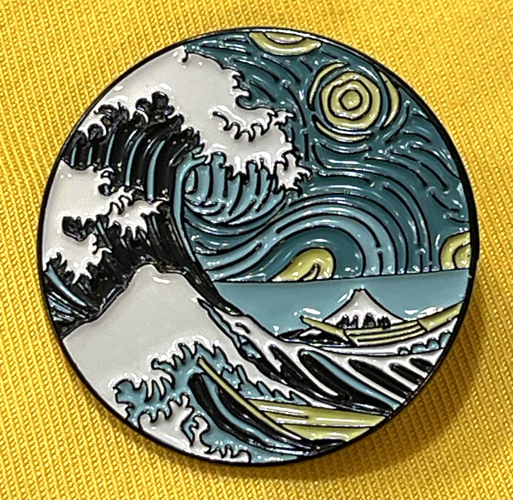NWOT Blue Wave Brooch Lapel Pin Enamel Sea Life Art Ocean Hokusai Inspired